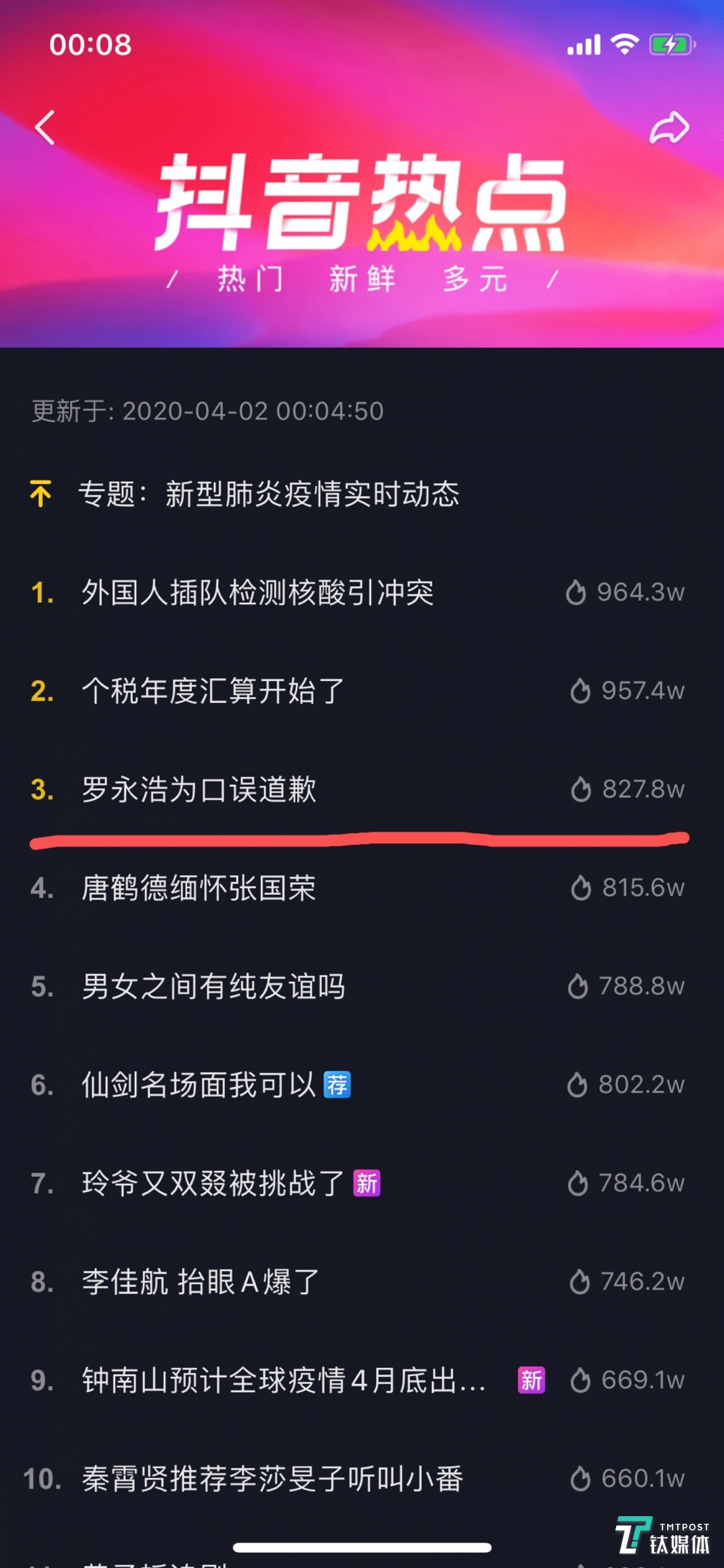 &ldquo;罗永浩为口误道歉&rdquo;进入抖音热门