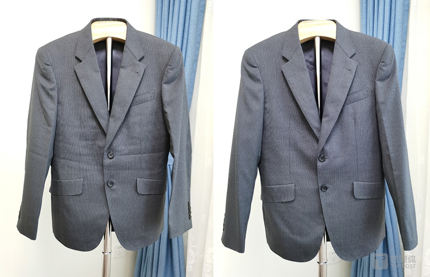 毛料西服熨烫前（左边）和熨烫后（右边）对比