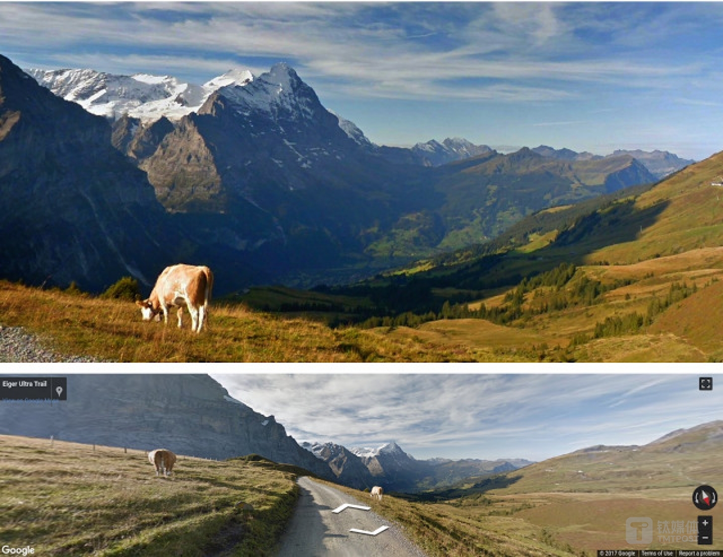 上图为人工智能系统生成的风光大片，下图为谷歌街景原图。图片来源/谷歌