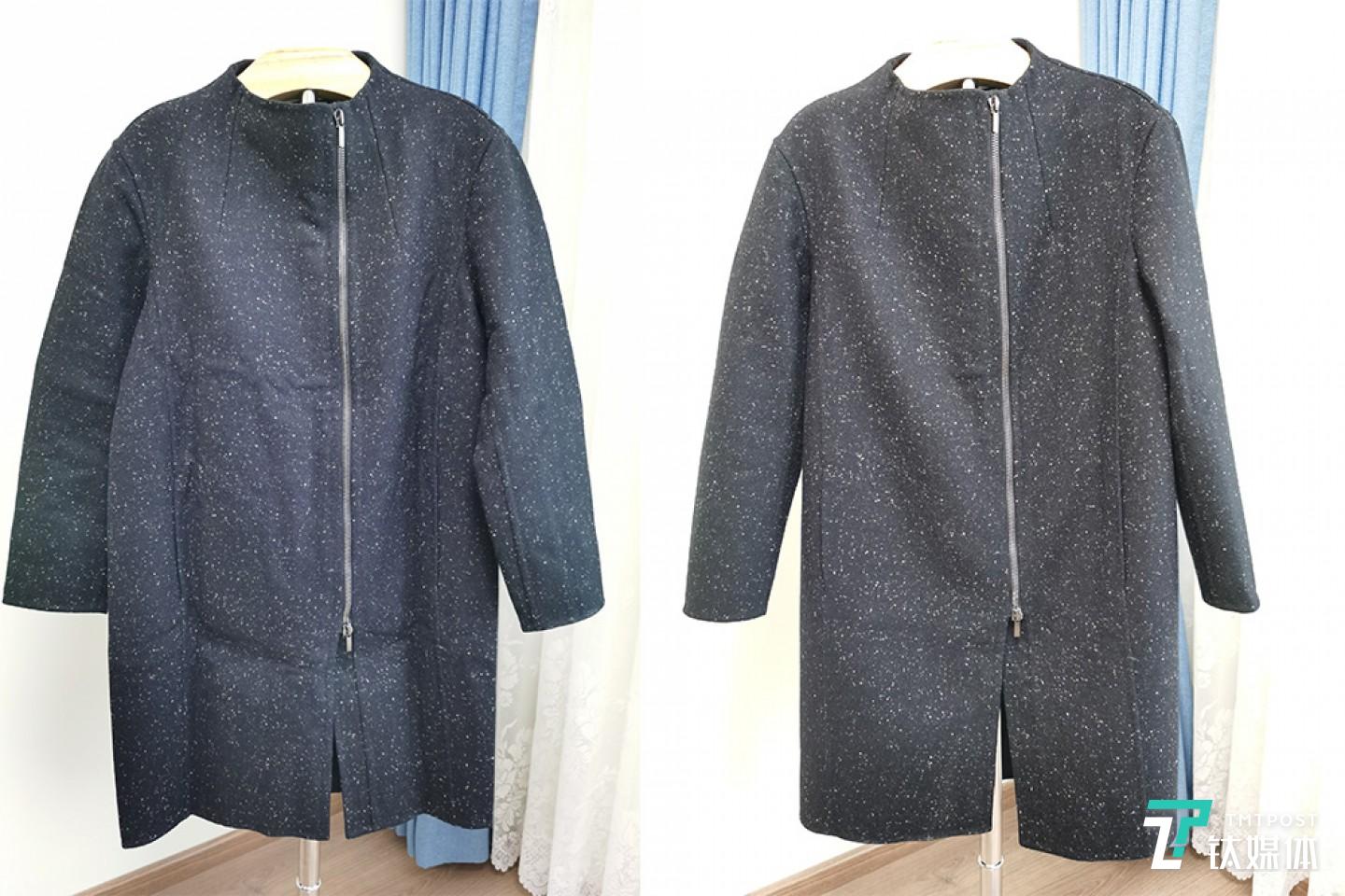 呢大衣熨烫前（左边）和熨烫后（右边）对比