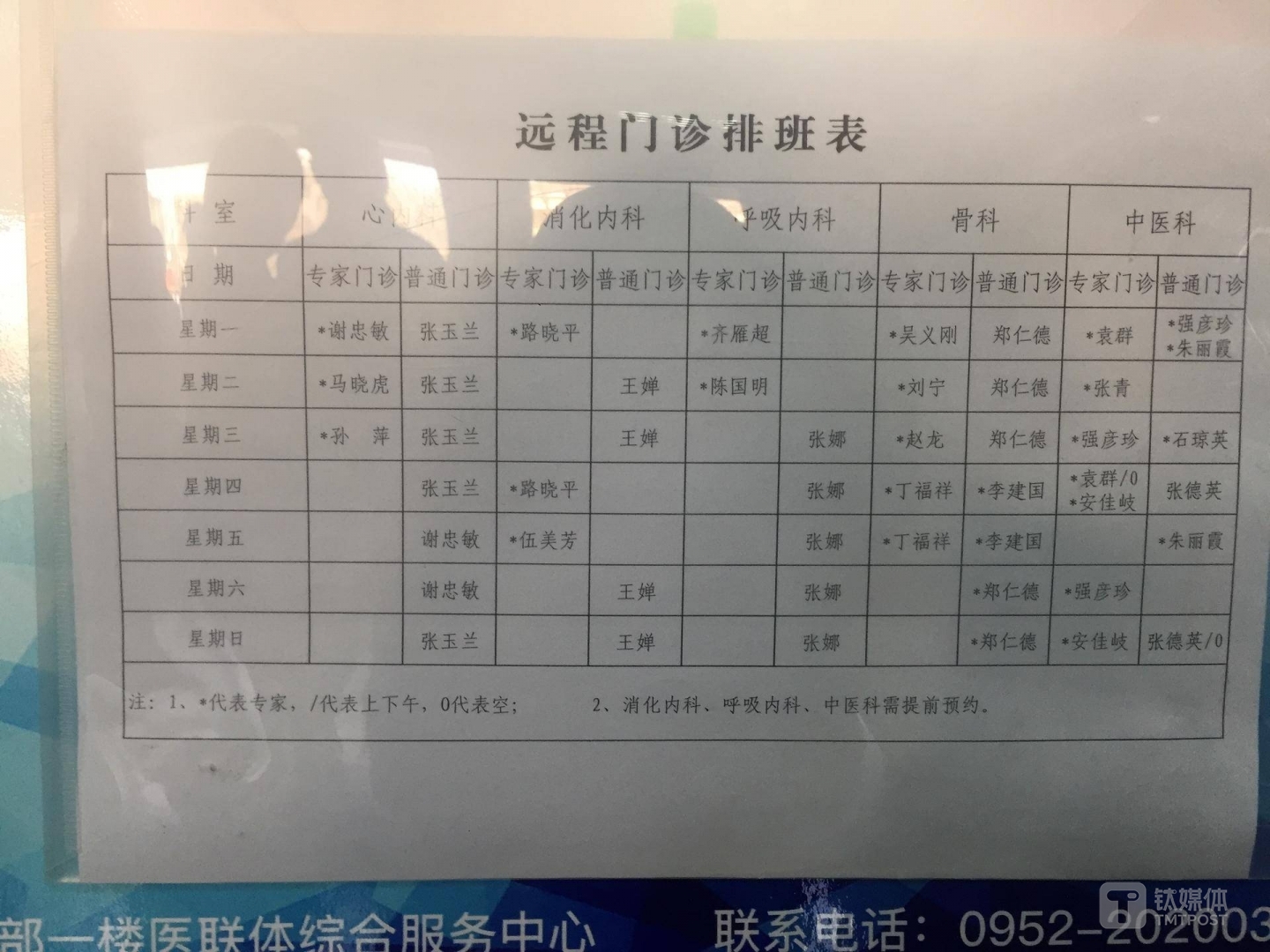 永乐社区卫生服务站张贴的远程门诊排班表（图：钛媒体编辑 付梦雯）