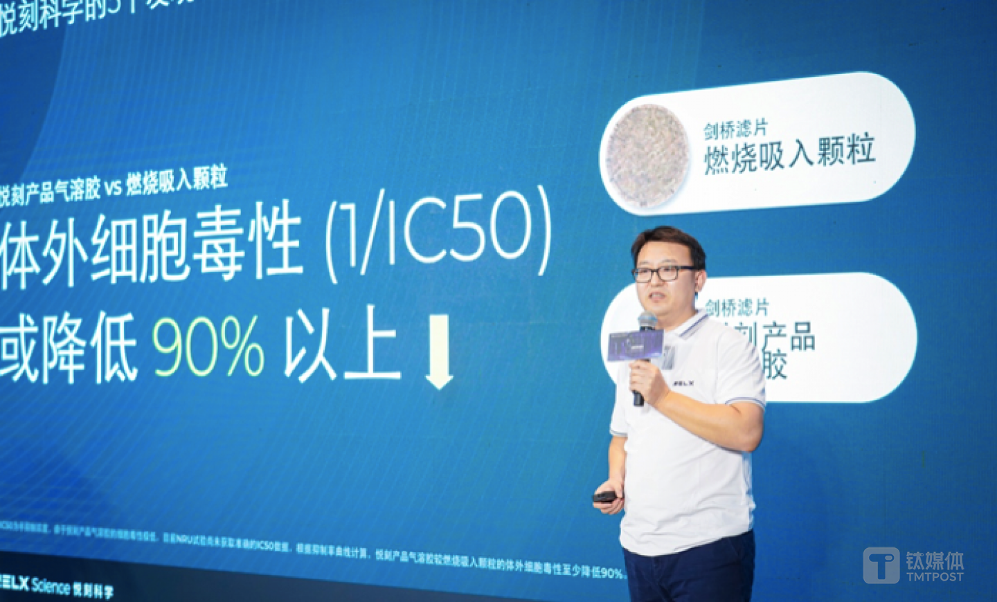 RELX悦刻实验室负责人姜兴涛在现场展示悦刻科学工作目前积累的的&ldquo;5个发现&rdquo;