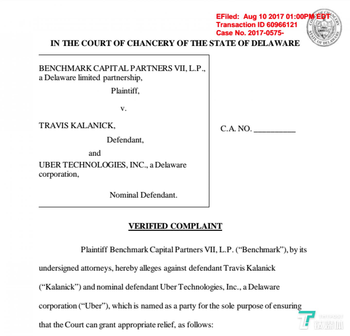 Benchmark Capital上交美国特拉华法院的起诉书
