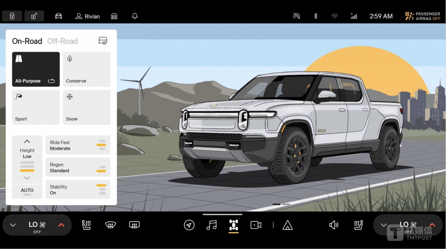 Rivian车辆车机界面，图片来自：截图自Rivian