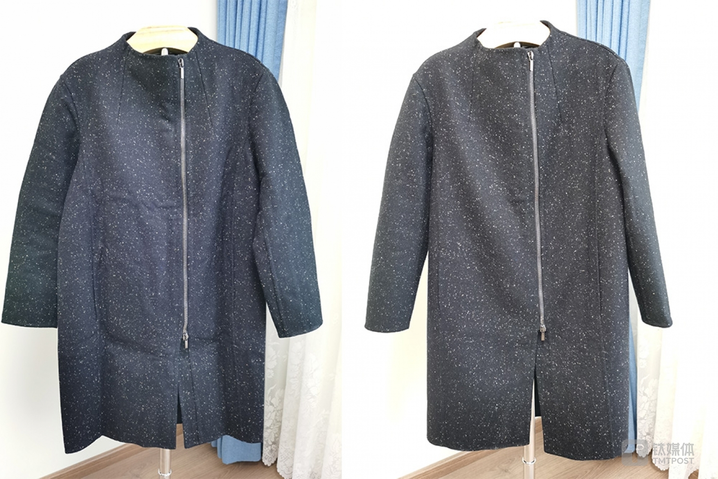 呢大衣熨烫前（左边）和熨烫后（右边）对比