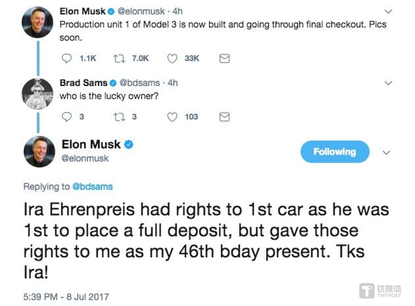 马斯克的推文,宣布自己成为Model 3的第一位车主。图片来源/twitter.com