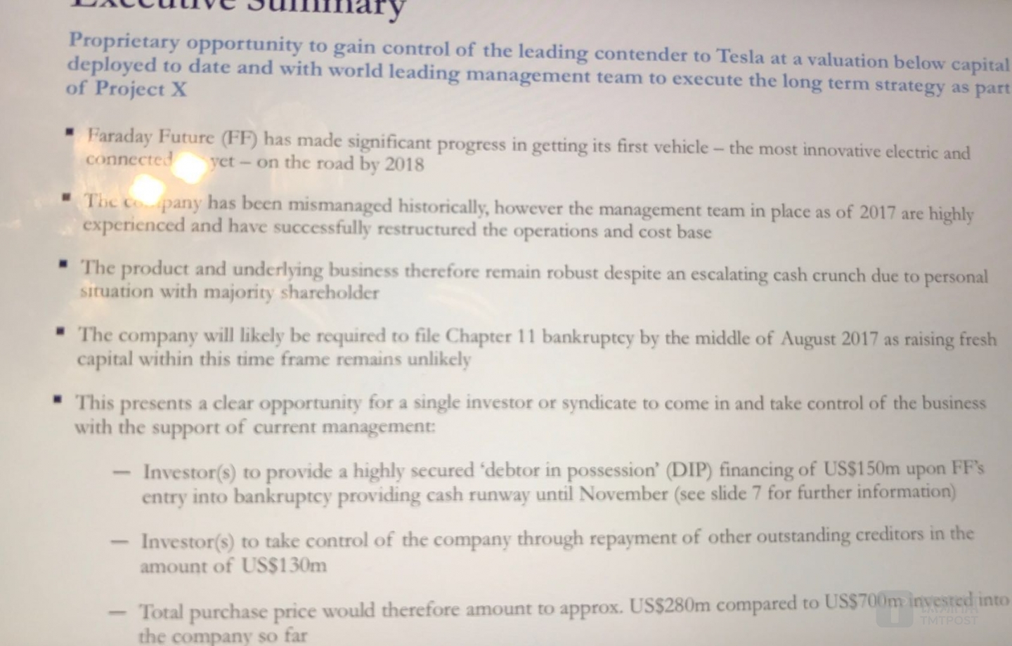 FF融资计划书，介绍其破产重整计划