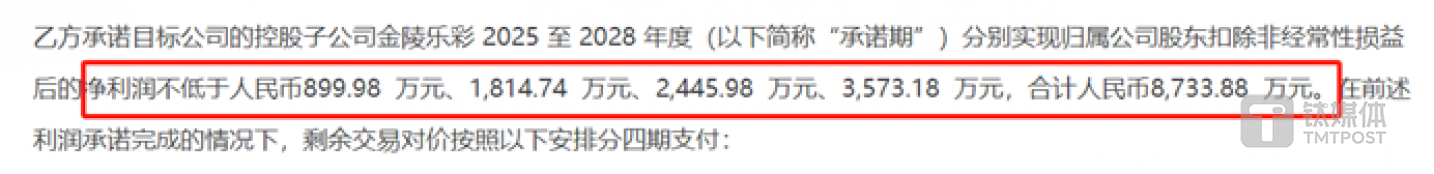 金陵樂彩業(yè)績(jī)承諾，圖源：公司公告