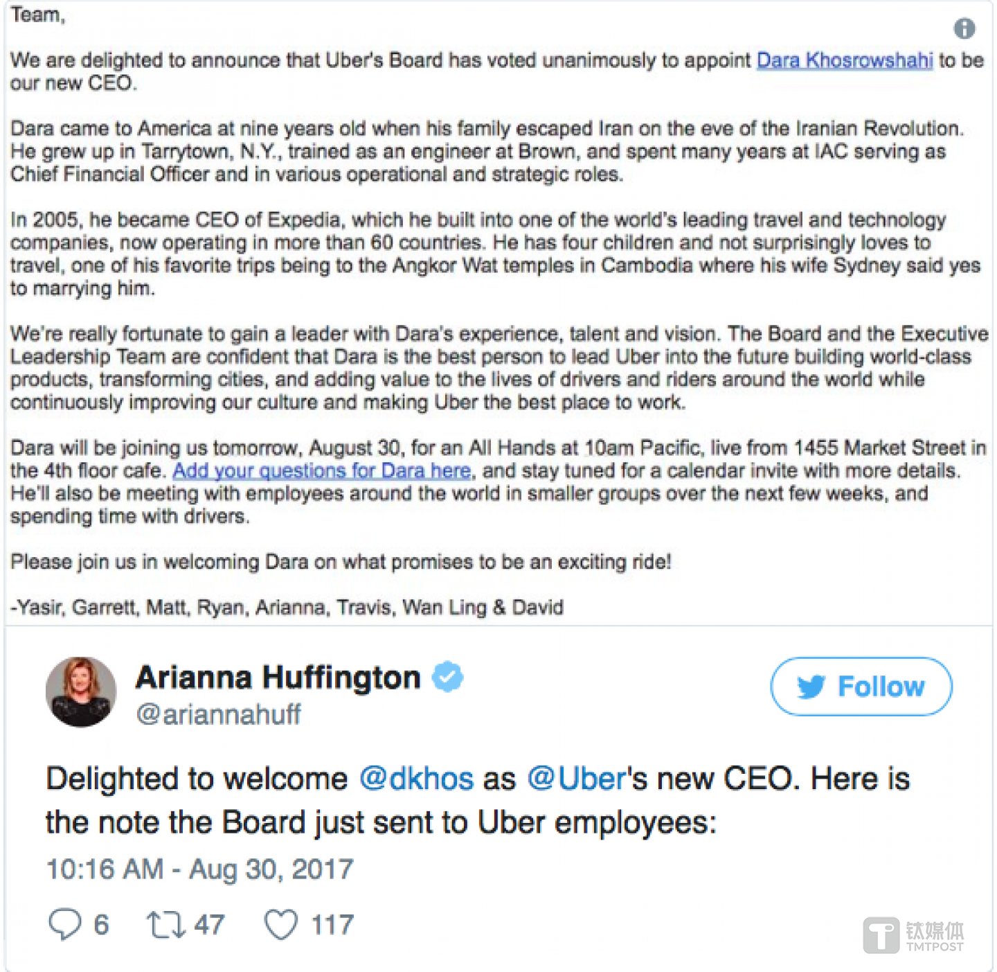 Uber官方声明,宣布科斯罗萨西担任新CEO。卡兰尼克的好友, 赫芬顿邮报创始人阿里安娜·赫芬顿发推致贺。