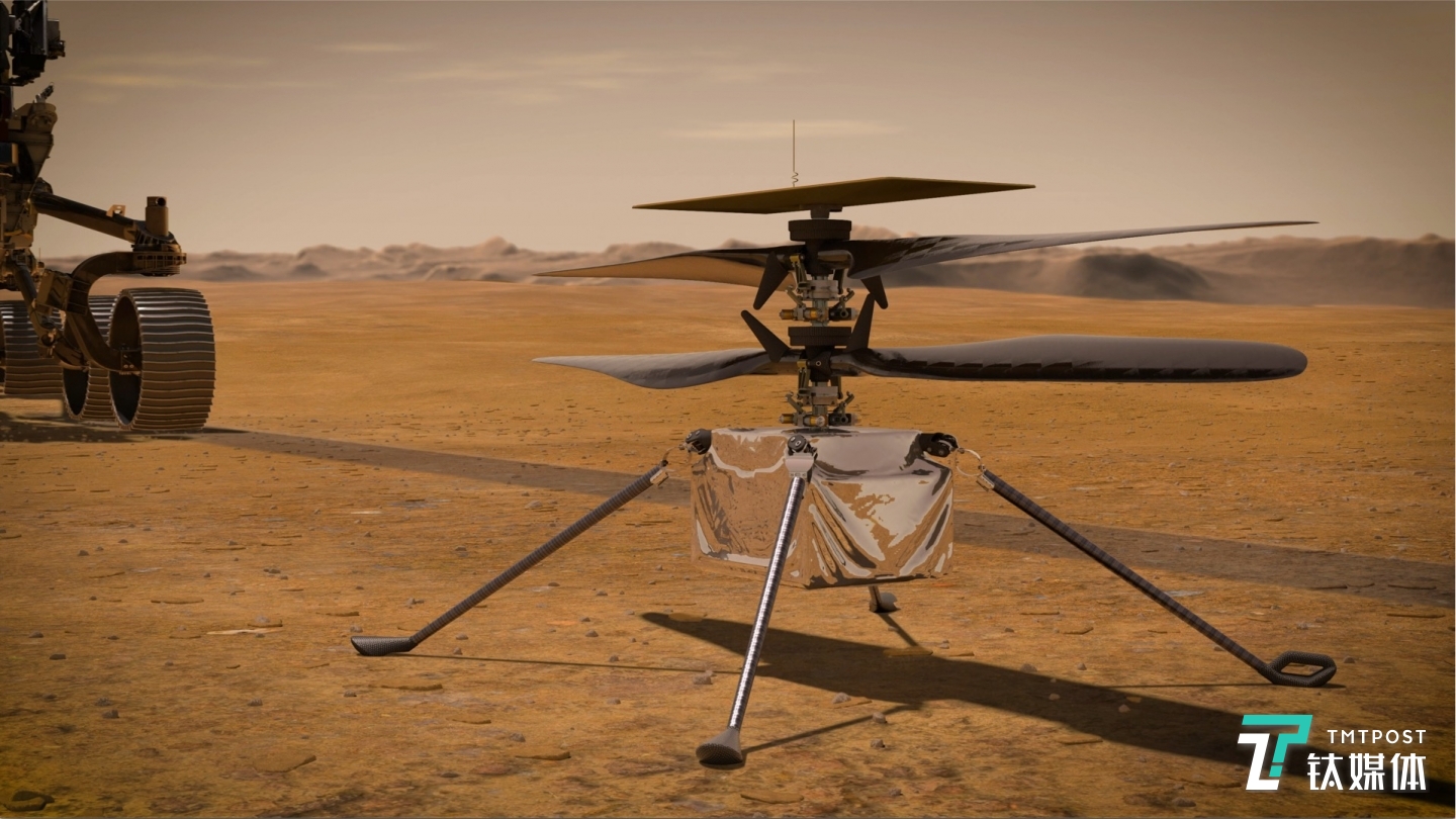 “机智号”直升飞机在火星上部署时的渲染图(图片来源:NASA)
