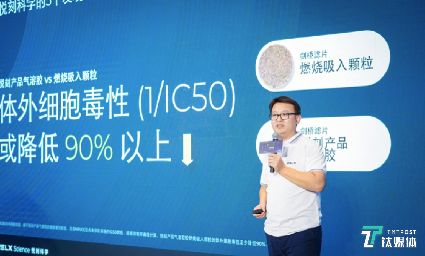 RELX悦刻实验室负责人姜兴涛在现场展示悦刻科学工作目前积累的的&ldquo;5个发现&rdquo;