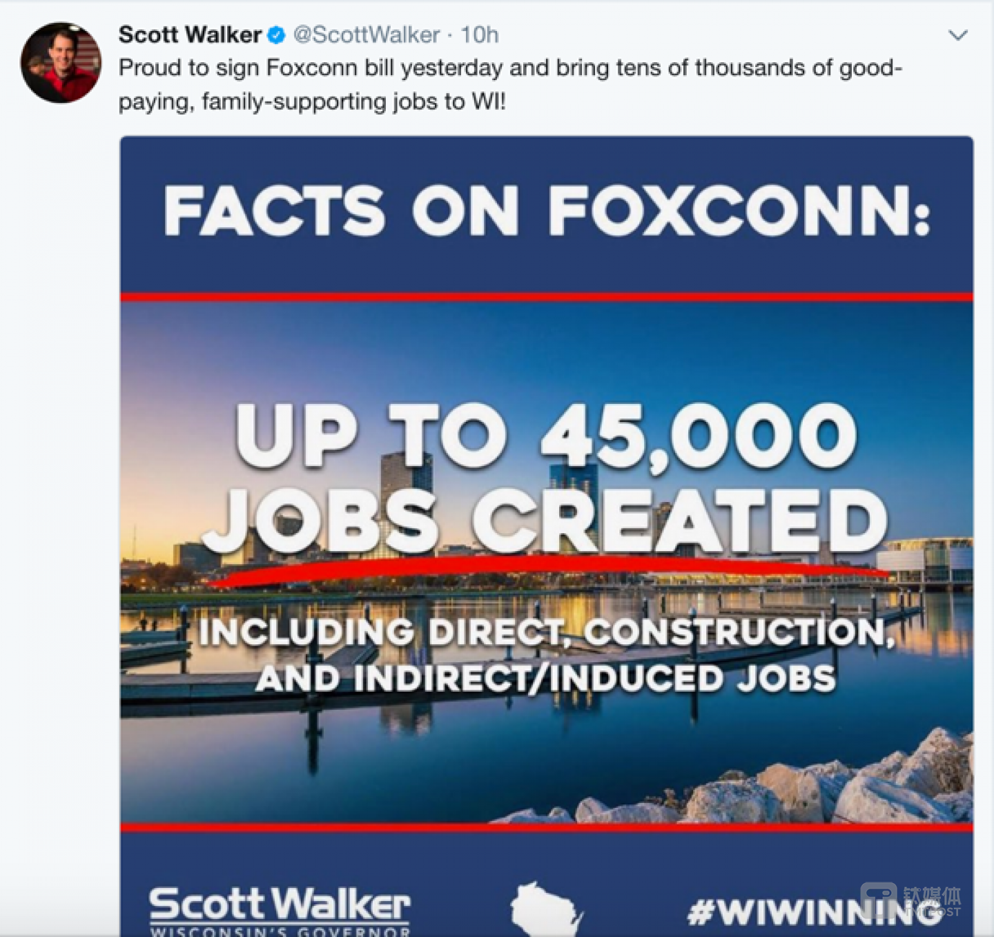 威斯康星州州长沃克的推文，喜悦之情溢于言表。图片来源/Twitter