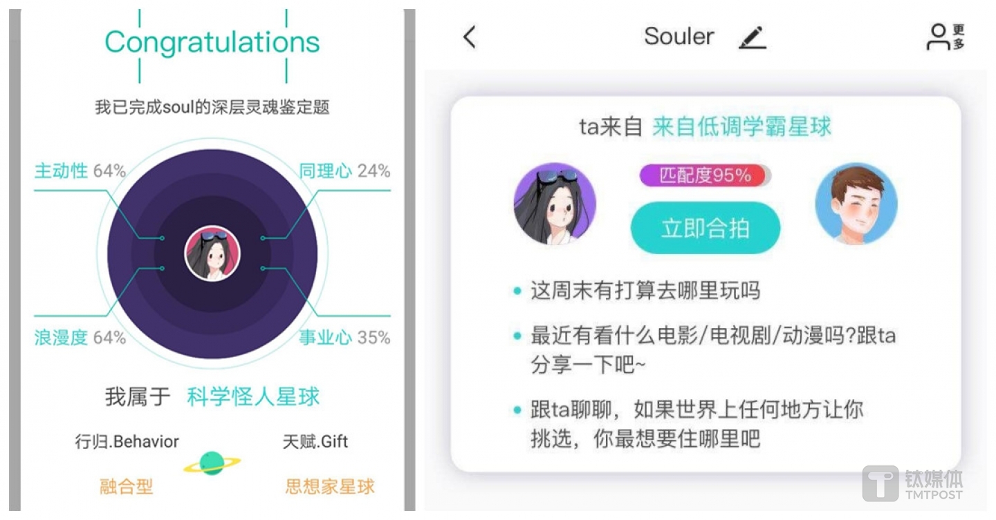 左圖為心理測試分配星球；右圖為聊天雙方的匹配度（來源于Soul截圖）