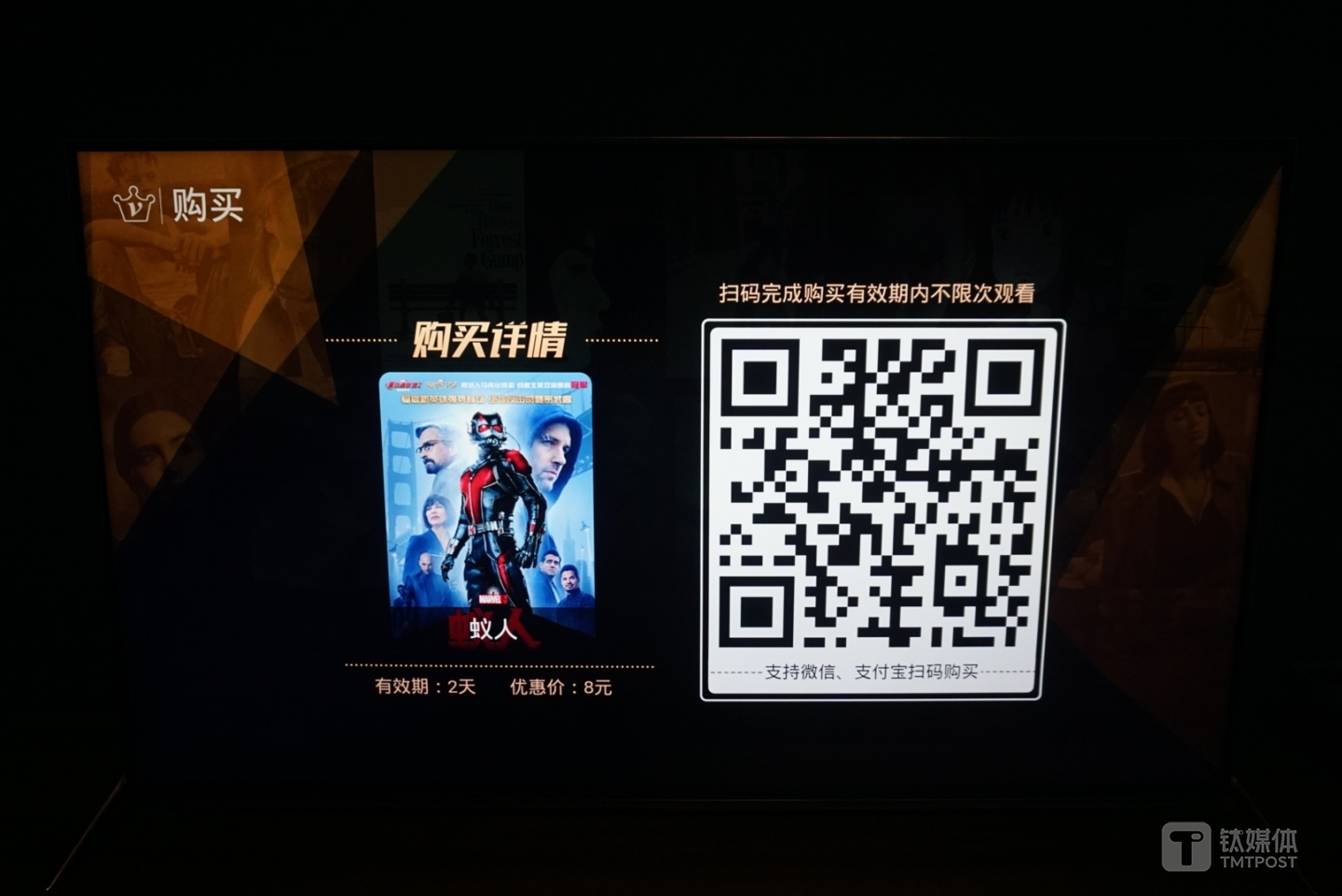 如果对VIP内容的需求不是那么大，也可以选择某个电影单词购买的方式，价格在5-8元不等，有效期为2天，支持微信和支付宝扫码购买，有效期内不限观看次数。