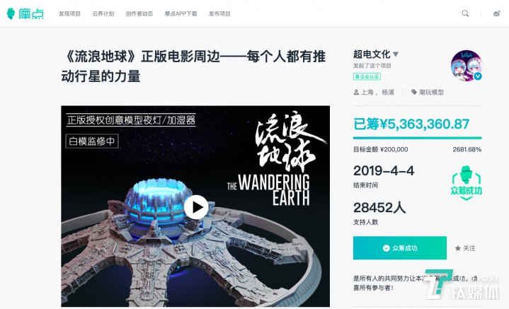 《流浪地球》电影周边在摩点网的众筹页面
